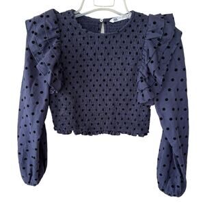 Zara Size S Smocked Top blue polkadot ruffle top